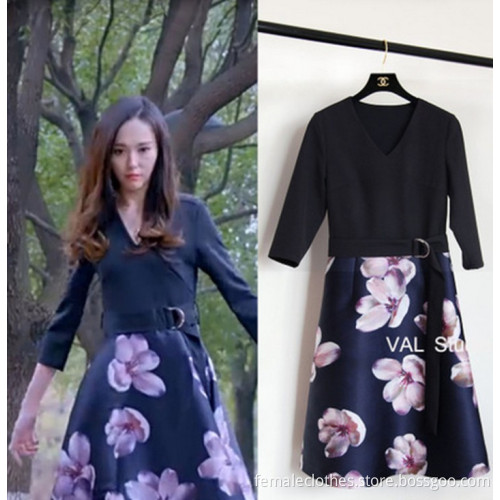 Black flowers new fashion stitching dress with big swing vestido vestito robe elbise gaun